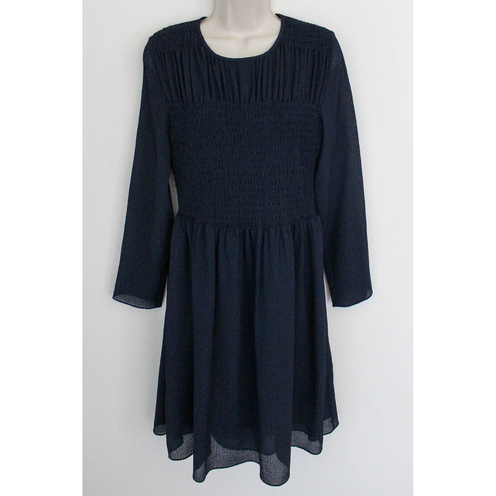Club Monaco Dress Size 6 Navy Blue Smocked Shirred Long Sleeve Side Zipper